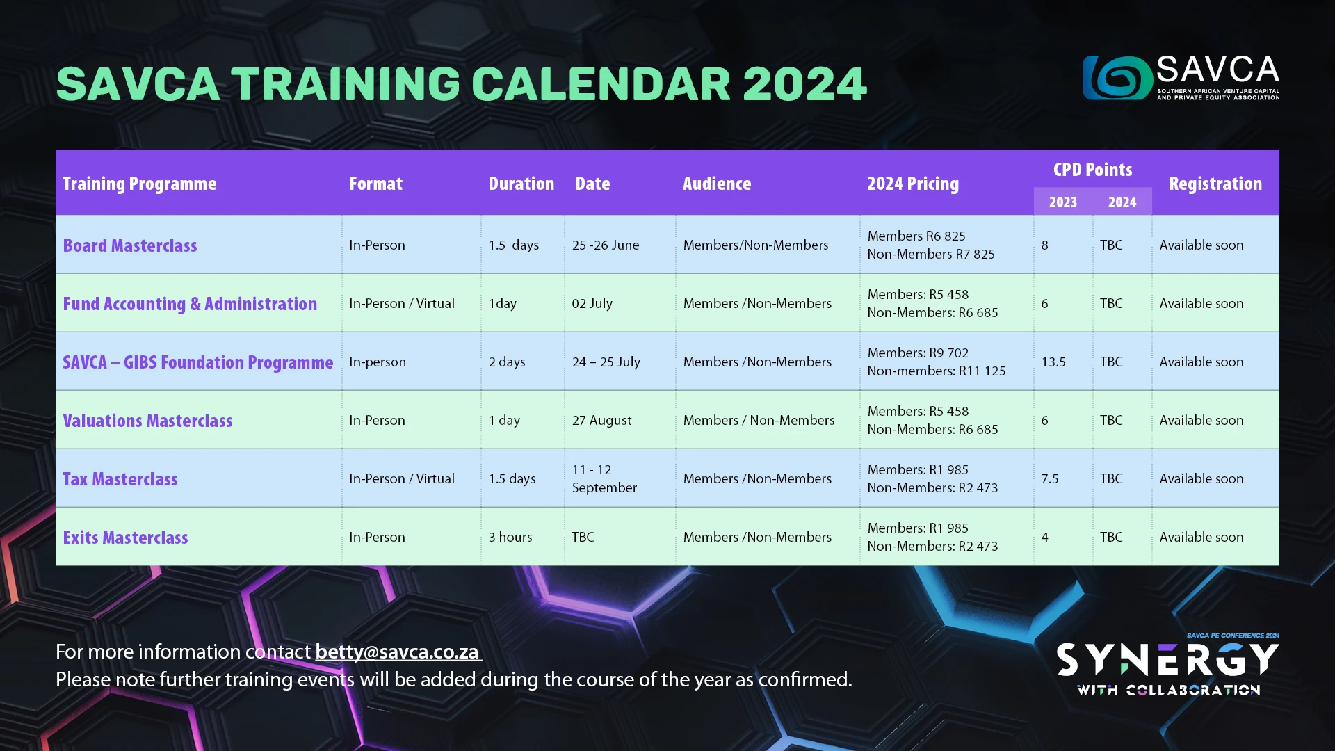 SAVCA Training Calendar 2024